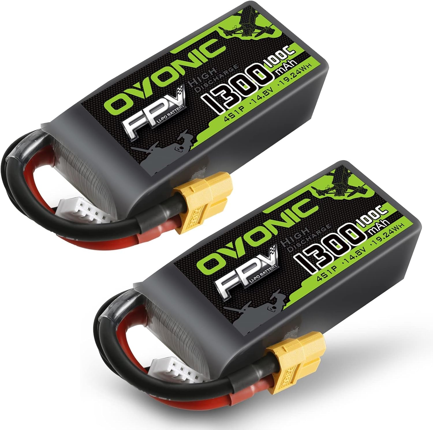 4S LiPo Battery 1300mAh 14.8V 100C – XT60 Connector, 2-Pack for RC FPV Racing Drones