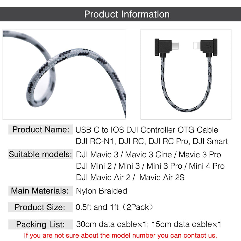 USB-C to iOS Remote Controller Cable (2-Pack: 1FT & 0.5FT) – for DJI Mavic 3, Mini 4 Pro, Mini 2/3 Pro, Air 2S, Mavic Air 2, RC-N1, iPhone & Tablet, 90° OTG Data Cord