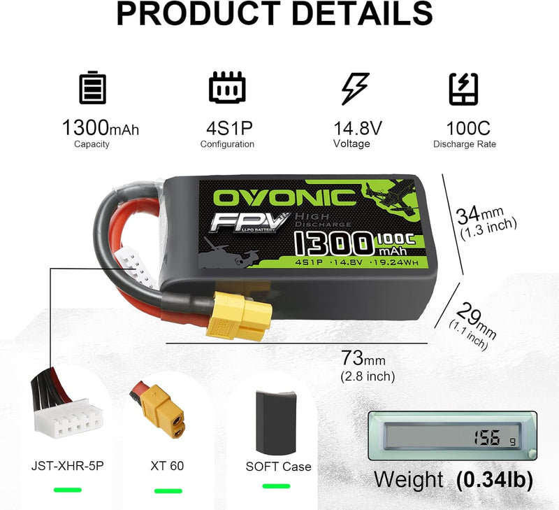 4S LiPo Battery 1300mAh 14.8V 100C – XT60 Connector, 2-Pack for RC FPV Racing Drones