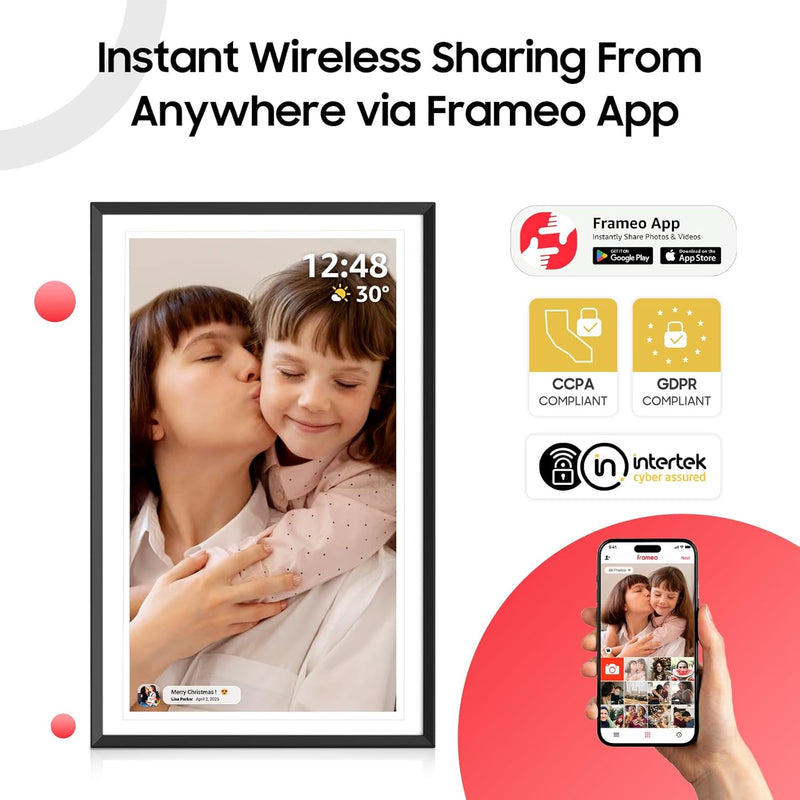 15.6" WiFi Digital Picture Frame – 32GB Storage, 1080P FHD IPS Touchscreen, Auto-Rotate, Easy Photo & Video Sharing via Frameo App