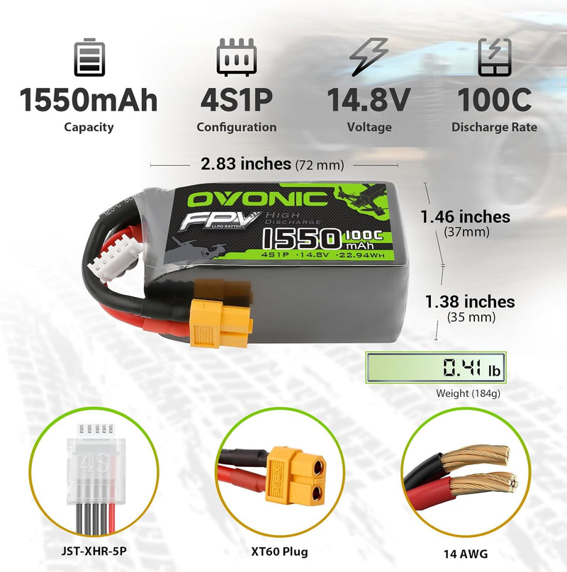 4S LiPo Battery 1550mAh 14.8V 100C – XT60 Connector for RC FPV Racing Drone & Quadcopter